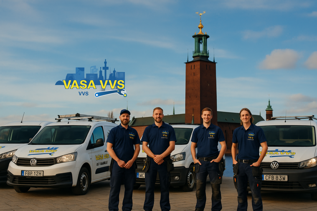 Fyra montörer från Vasa VVS framför servicebilar och Stadshuset i Stockholm.